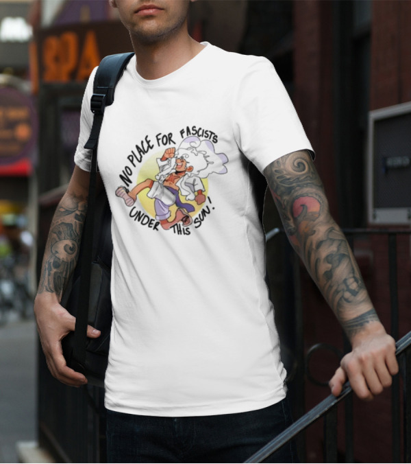 No Place For Fascists Under This Sun Energetic Character Jumping Against Yellow Circle Background T-Shirt