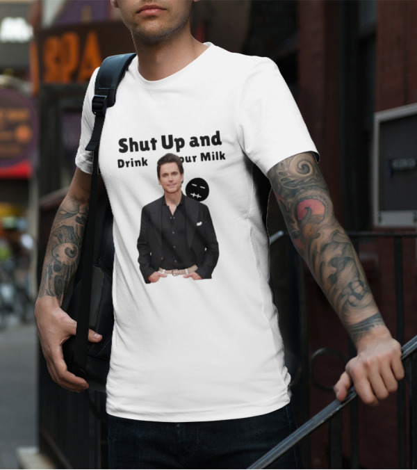 Shut Up And Drink Your Milk With Smiling Man In Black Suit T-Shirt