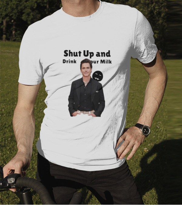 Shut Up And Drink Your Milk With Smiling Man In Black Suit T-Shirt