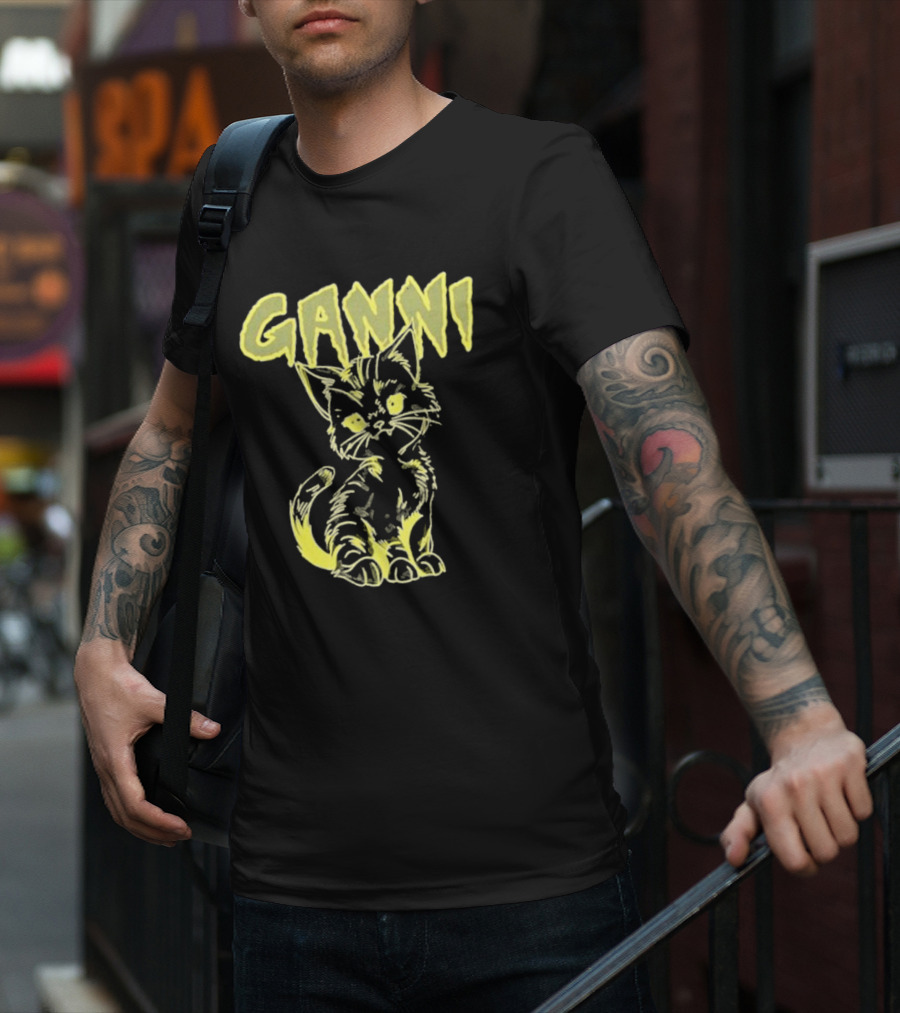 Ganni Relaxed Cat Graphic Yellow Neon T-Shirt