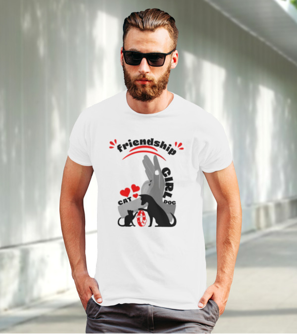 Friendship Girl Cat Dog Pet Pal Hearts T-Shirt