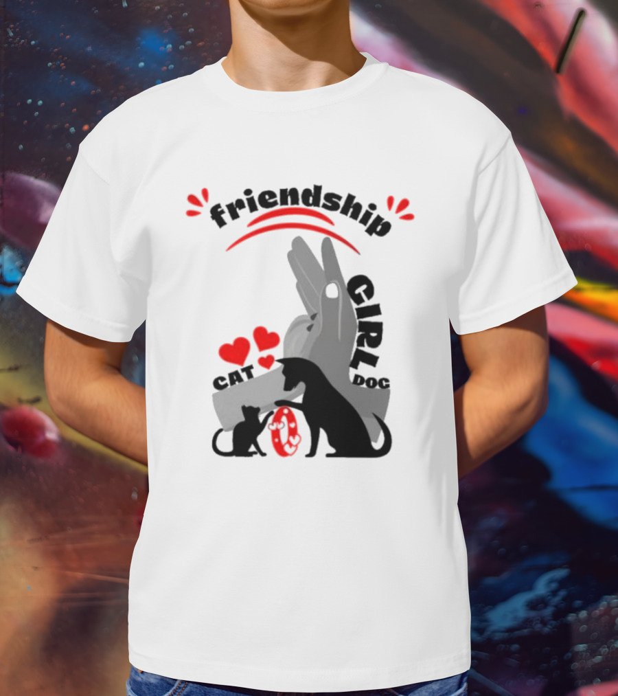 Friendship Girl Cat Dog Pet Pal Hearts T-Shirt