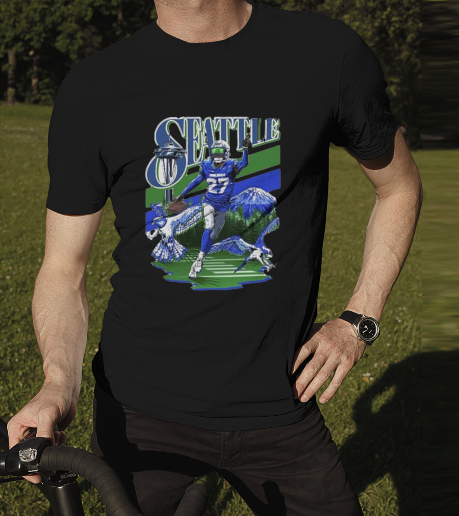 Seattle Seahawks Tariq Woolen Number 27 With Space Needle And Mountain Background T-Shirt