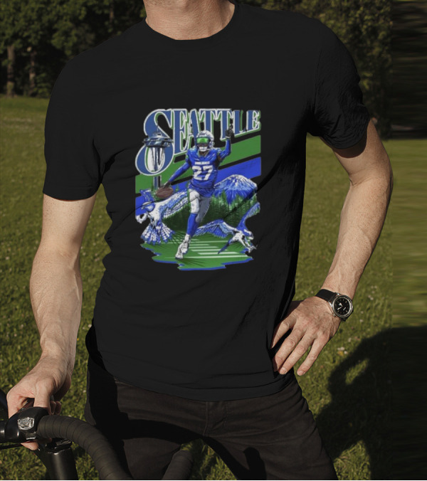 Seattle Seahawks Tariq Woolen Number 27 With Space Needle And Mountain Background T-Shirt