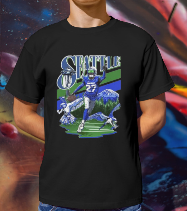 Seattle Seahawks Tariq Woolen Number 27 With Space Needle And Mountain Background T-Shirt