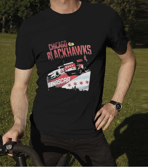 Chicago Blackhawks NASCAR Racing Car With City Skyline And Number 61 T-Shirt