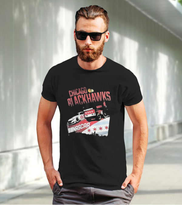 Chicago Blackhawks NASCAR Racing Car With City Skyline And Number 61 T-Shirt