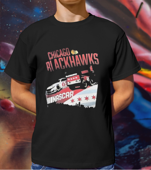 Chicago Blackhawks NASCAR Racing Car With City Skyline And Number 61 T-Shirt