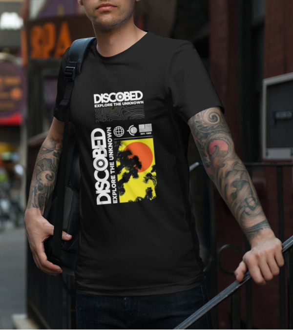 Discobed Explore The Unknown Global Exploration Est 1988 Sun Images With Iconic Nature Scene T-Shirt