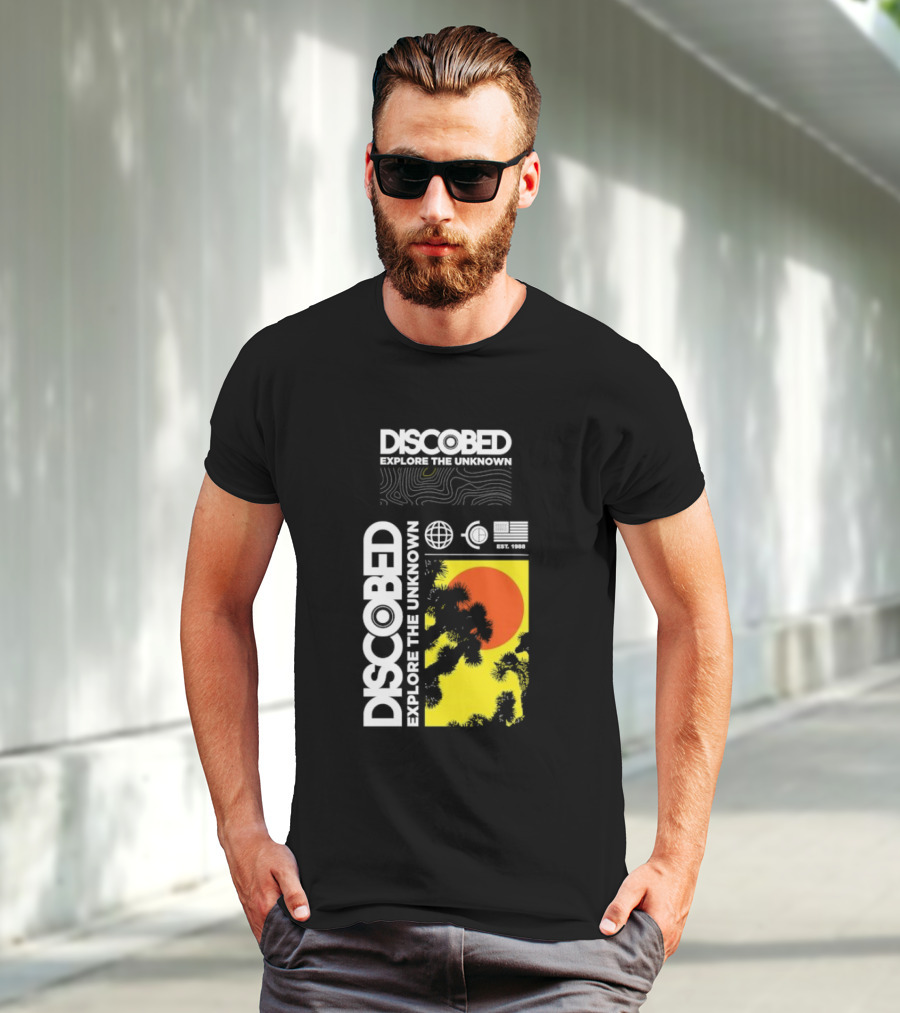 Discobed Explore The Unknown Global Exploration Est 1988 Sun Images With Iconic Nature Scene T-Shirt