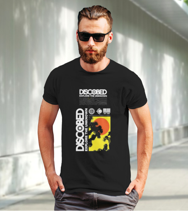 Discobed Explore The Unknown Global Exploration Est 1988 Sun Images With Iconic Nature Scene T-Shirt