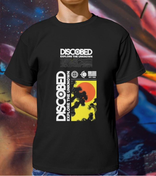 Discobed Explore The Unknown Global Exploration Est 1988 Sun Images With Iconic Nature Scene T-Shirt