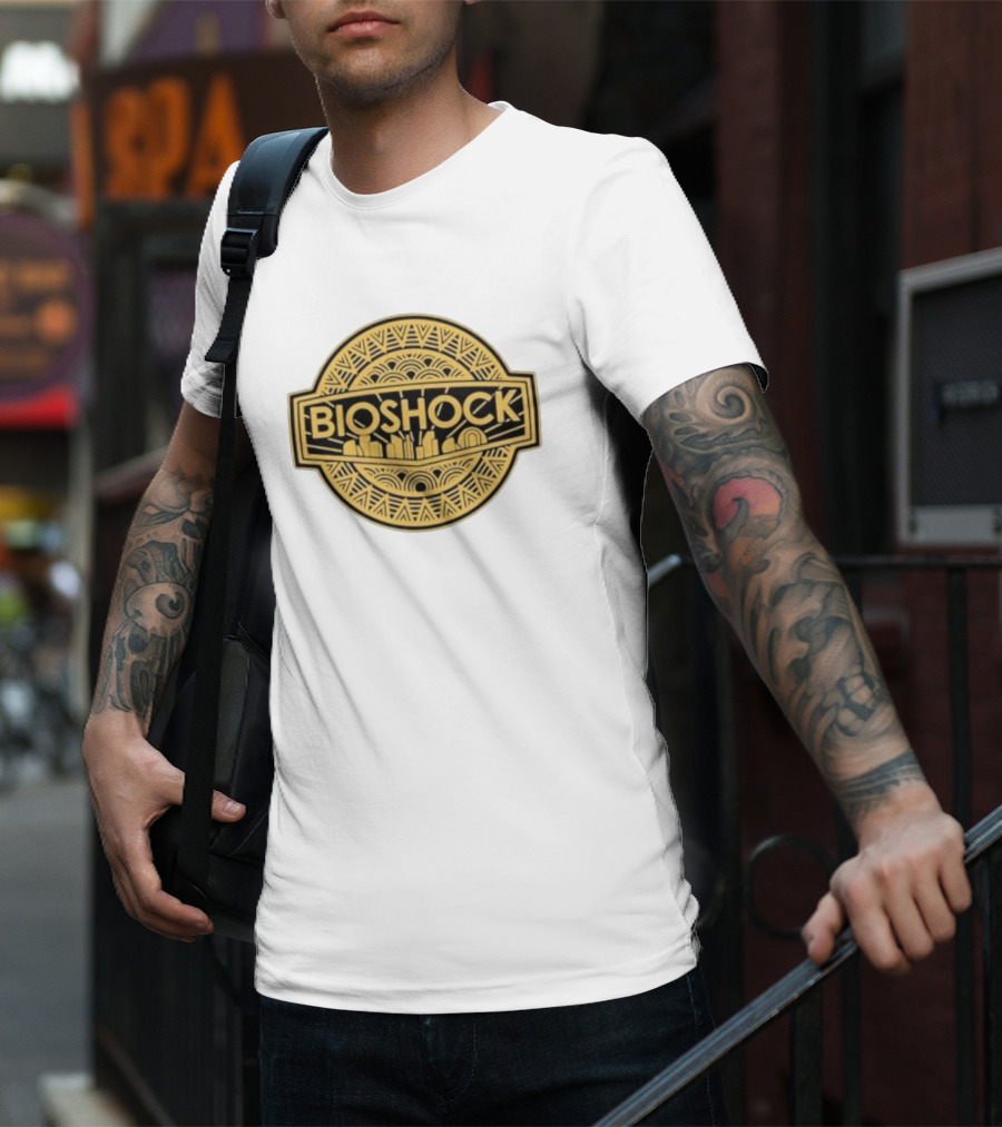 Bioshock Art Deco Golden Emblem With Cityscape T-Shirt