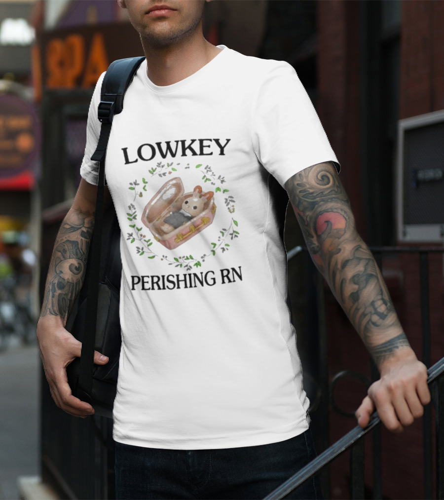 LOWKEY PERISHING RN Bunny Coffin Surrounded By Leaves T-Shirt