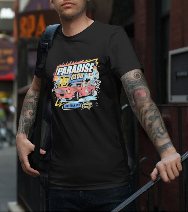 Paradise Club 19 Livefolk Ltd Vintage Racing Skeleton Racer Car Checkered Flags T-Shirt