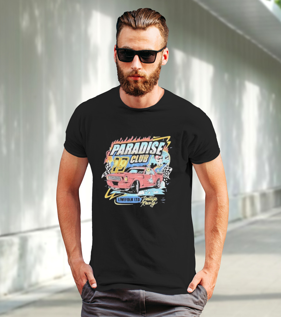 Paradise Club 19 Livefolk Ltd Vintage Racing Skeleton Racer Car Checkered Flags T-Shirt