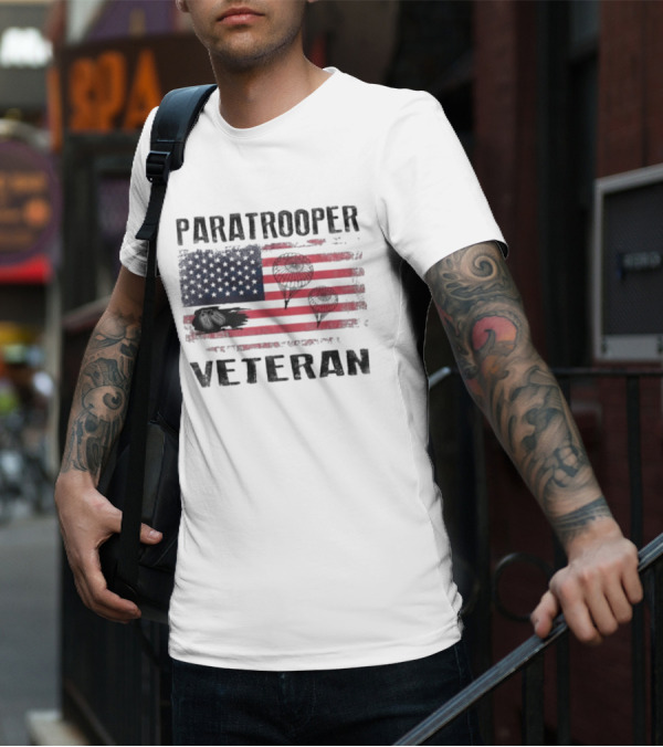 Paratrooper Veteran US Flag Tribute With Airborne T-Shirt