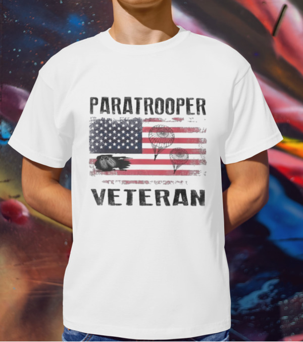 Paratrooper Veteran US Flag Tribute With Airborne T-Shirt