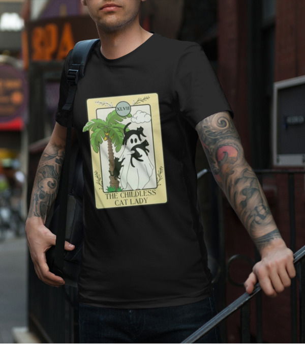 XLVII The Childless Cat Lady Ghost Black Cat Coconut Tree T-Shirt