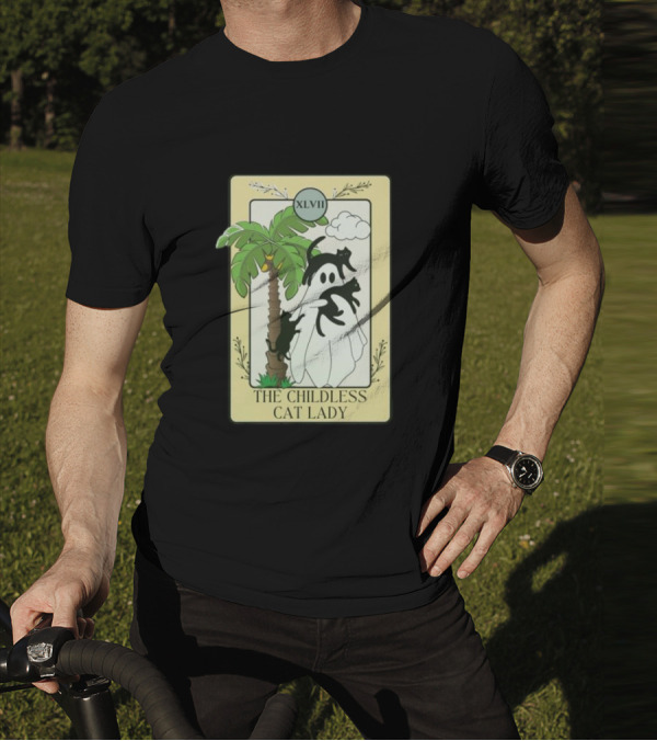 XLVII The Childless Cat Lady Ghost Black Cat Coconut Tree T-Shirt