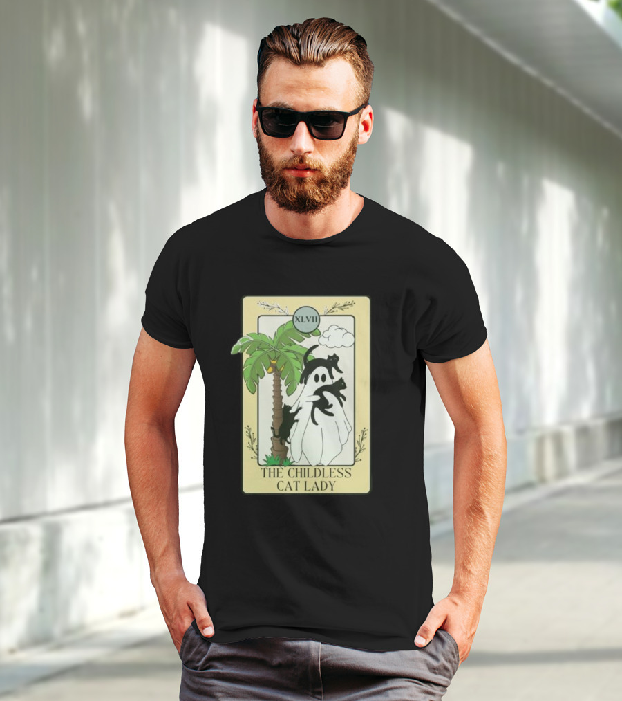 XLVII The Childless Cat Lady Ghost Black Cat Coconut Tree T-Shirt