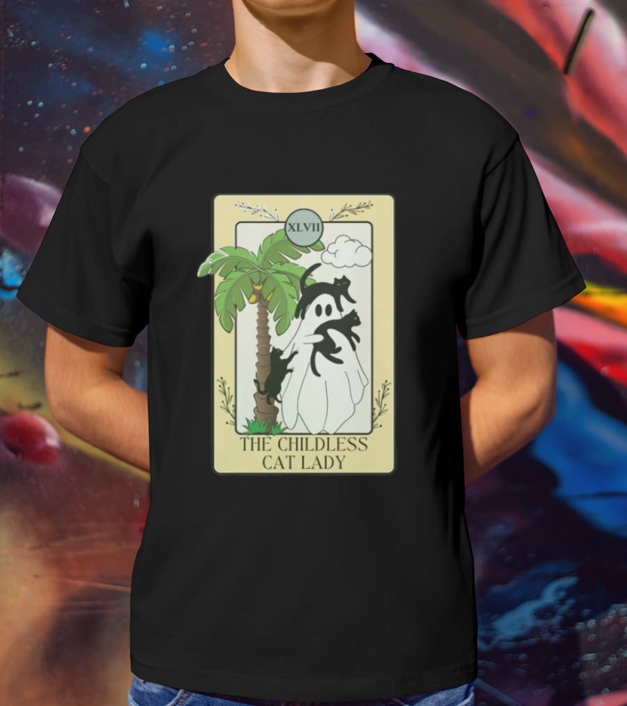 XLVII The Childless Cat Lady Ghost Black Cat Coconut Tree T-Shirt