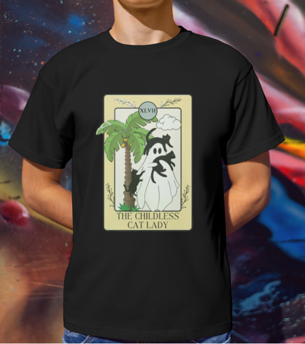 XLVII The Childless Cat Lady Ghost Black Cat Coconut Tree T-Shirt