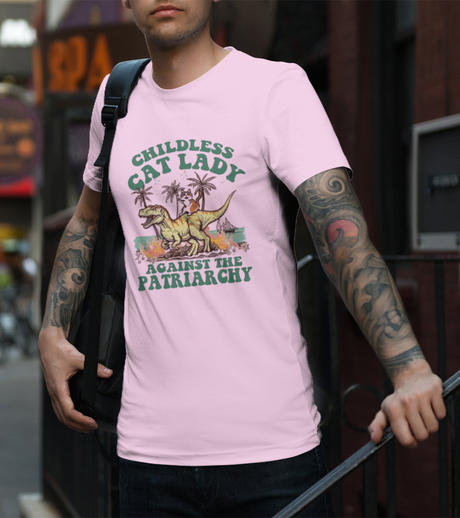 Childless Cat Lady Riding Dinosaur Against The Patriarchy With Flaming Coconut Trees T-Shirt