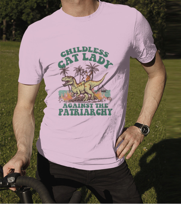 Childless Cat Lady Riding Dinosaur Against The Patriarchy With Flaming Coconut Trees T-Shirt