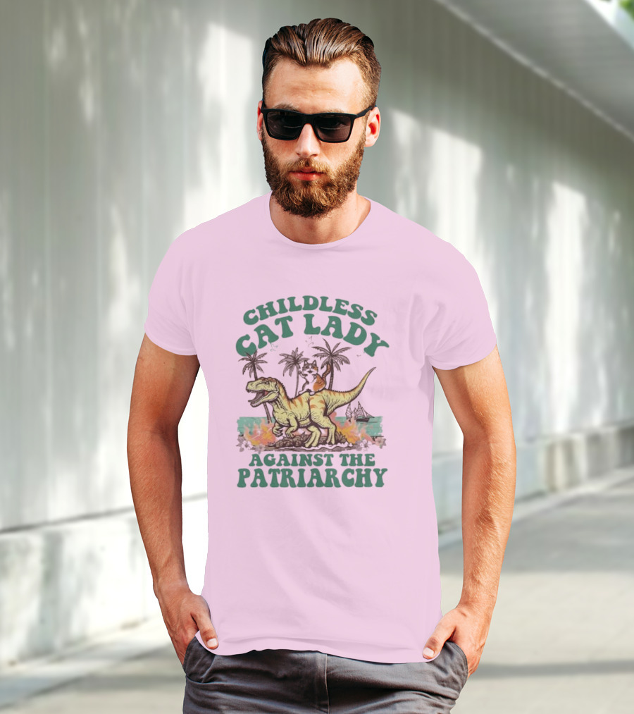 Childless Cat Lady Riding Dinosaur Against The Patriarchy With Flaming Coconut Trees T-Shirt