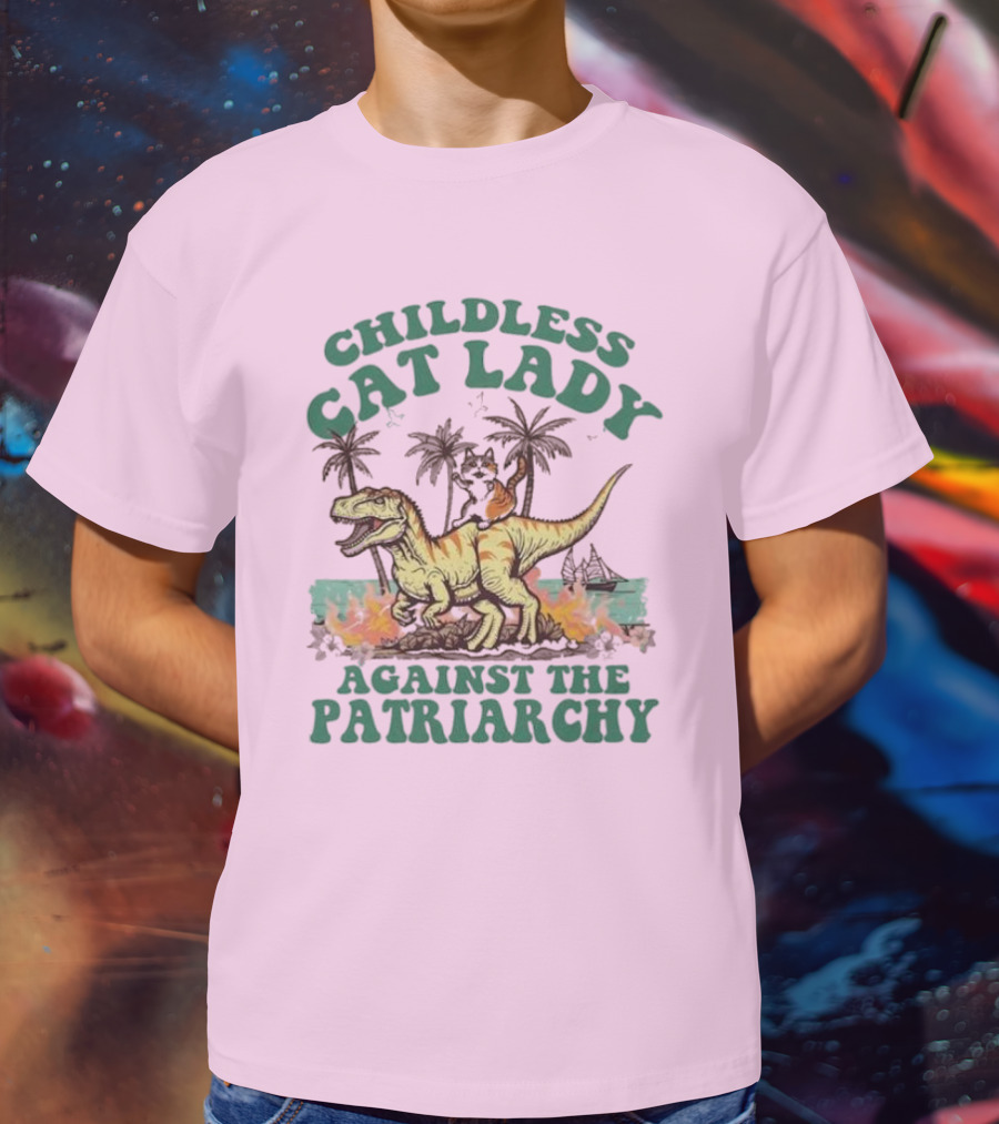 Childless Cat Lady Riding Dinosaur Against The Patriarchy With Flaming Coconut Trees T-Shirt