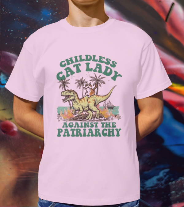 Childless Cat Lady Riding Dinosaur Against The Patriarchy With Flaming Coconut Trees T-Shirt