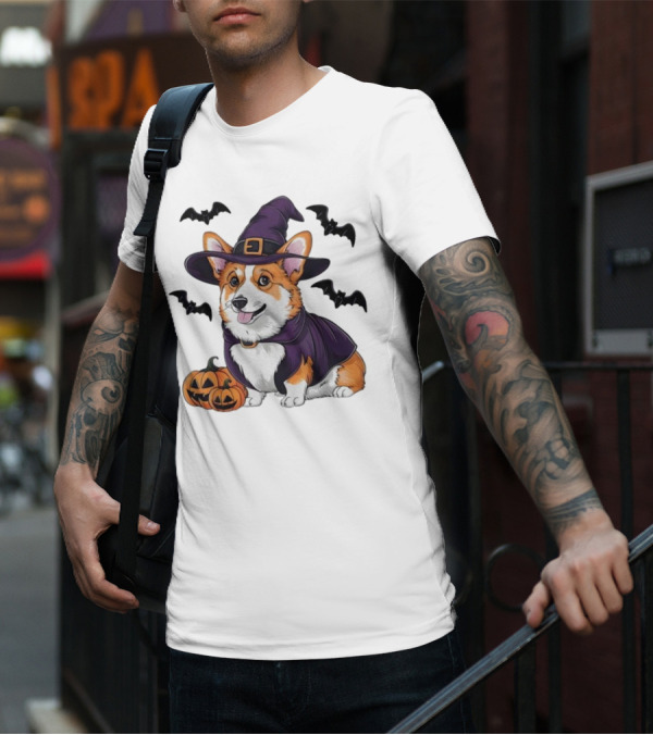 Halloween Corgi In Witch Hat With Pumpkins And Bats T-Shirt