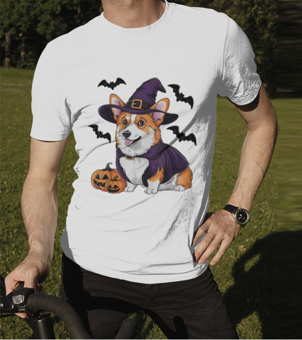 Halloween Corgi In Witch Hat With Pumpkins And Bats T-Shirt