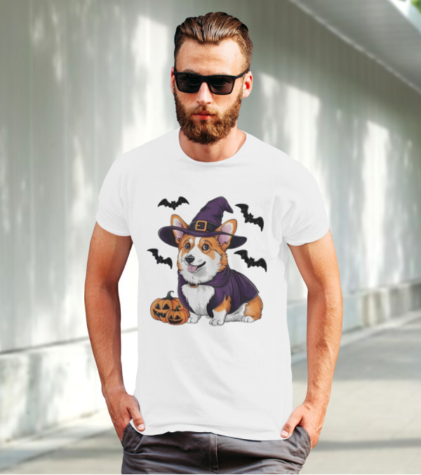 Halloween Corgi In Witch Hat With Pumpkins And Bats T-Shirt