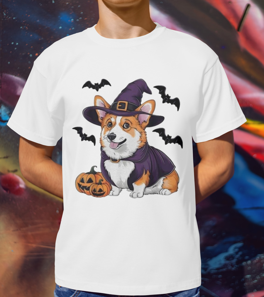 Halloween Corgi In Witch Hat With Pumpkins And Bats T-Shirt