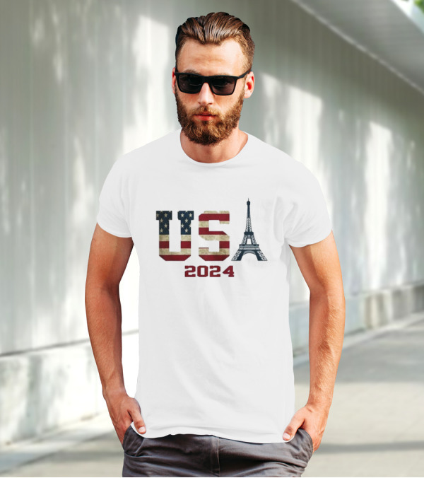 USA American Flag Eiffel Tower T-Shirt