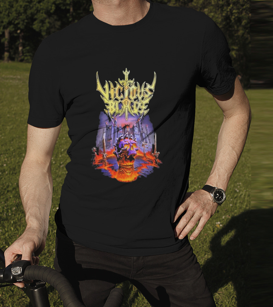 Vicious Blade Skull Fortress With Flaming Swords T-Shirt