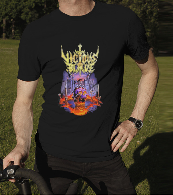 Vicious Blade Skull Fortress With Flaming Swords T-Shirt