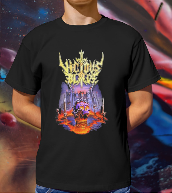 Vicious Blade Skull Fortress With Flaming Swords T-Shirt