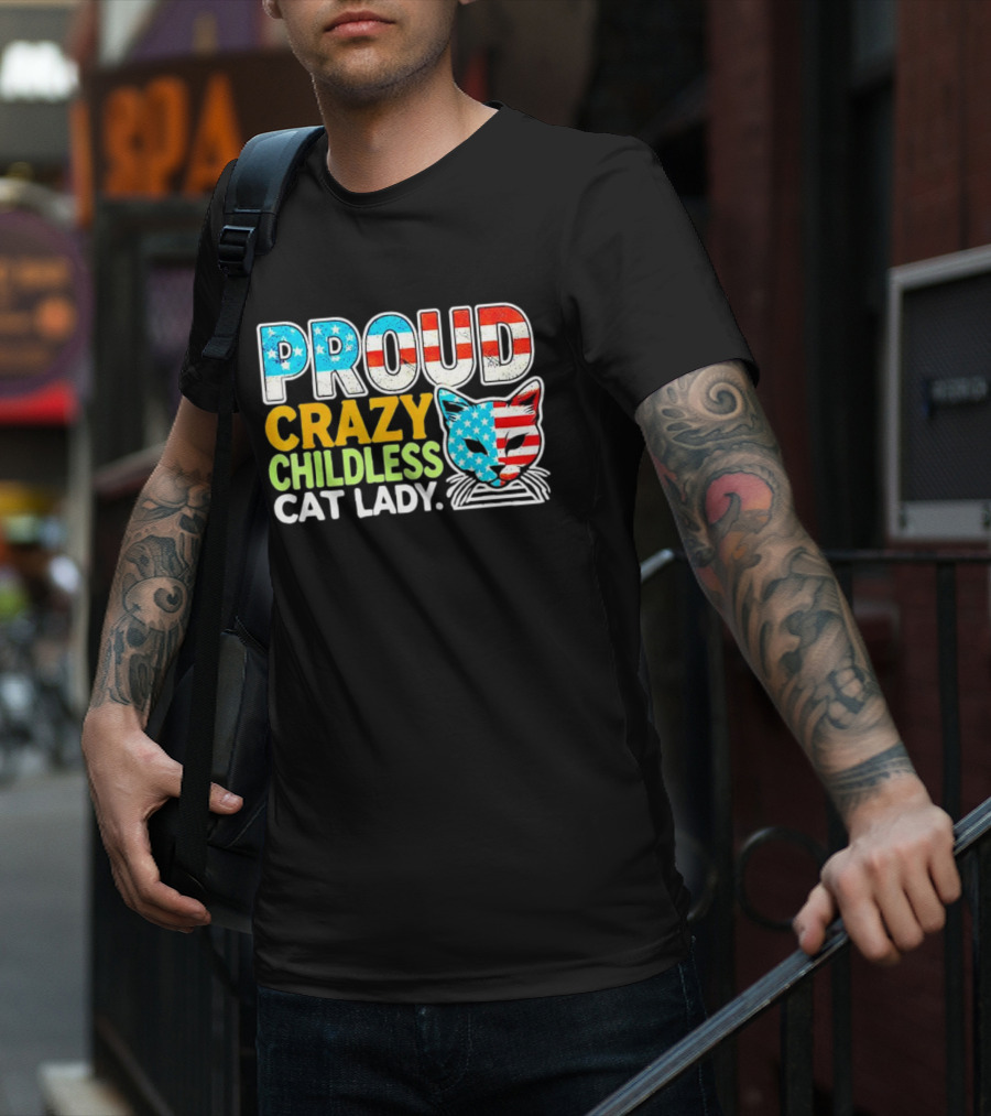 Proud Crazy Childless Cat Lady American Flag Cat Head T-Shirt