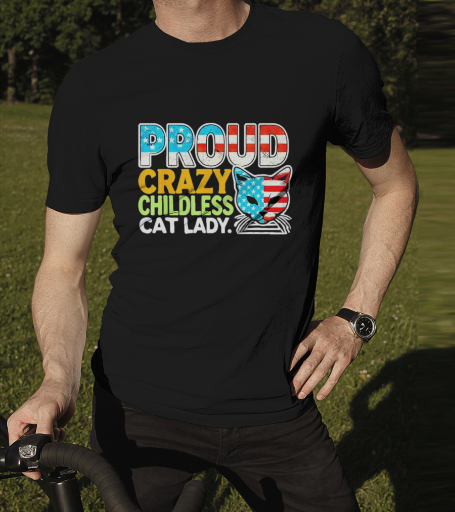 Proud Crazy Childless Cat Lady American Flag Cat Head T-Shirt