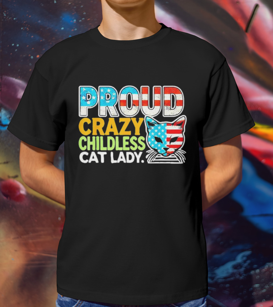 Proud Crazy Childless Cat Lady American Flag Cat Head T-Shirt