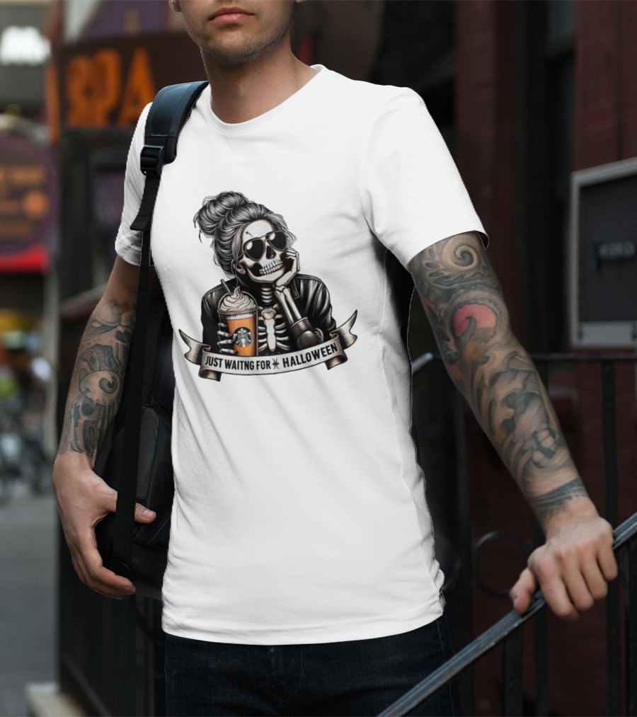 Just Waiting For Halloween Skeleton With Coffee Cup Spooky Season T-Shirt