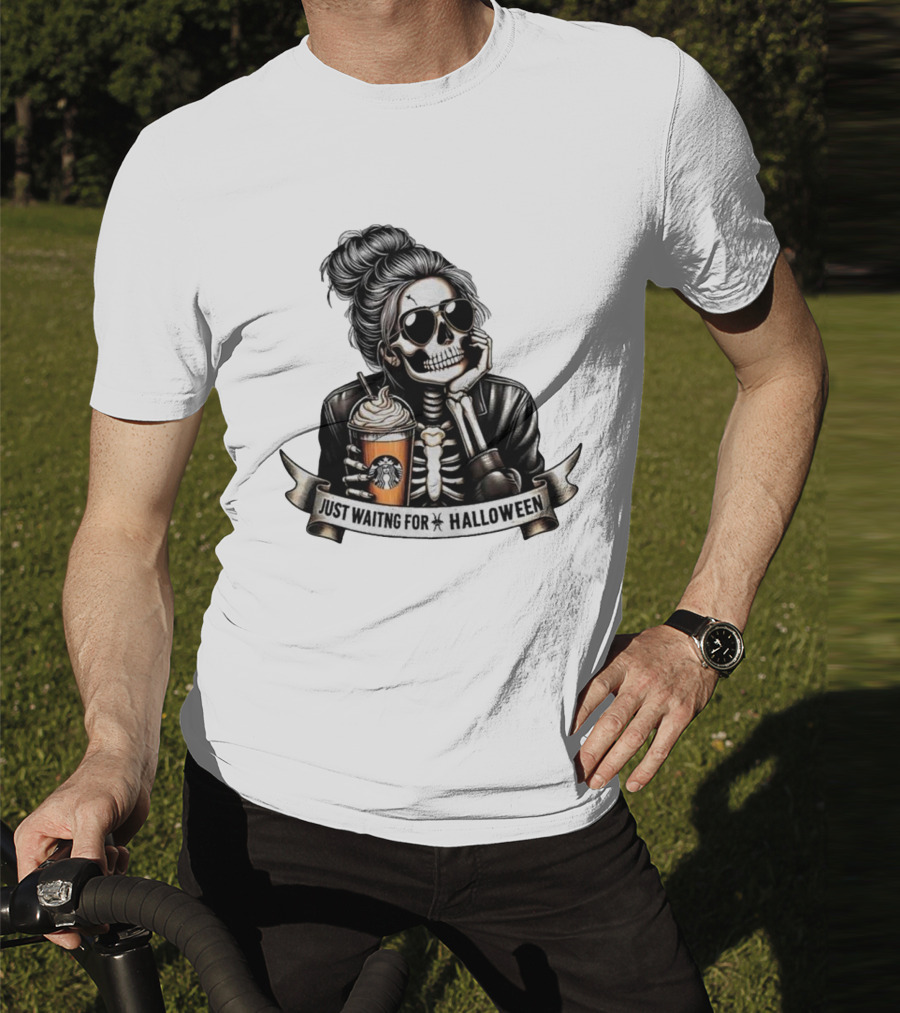 Just Waiting For Halloween Skeleton With Coffee Cup Spooky Season T-Shirt