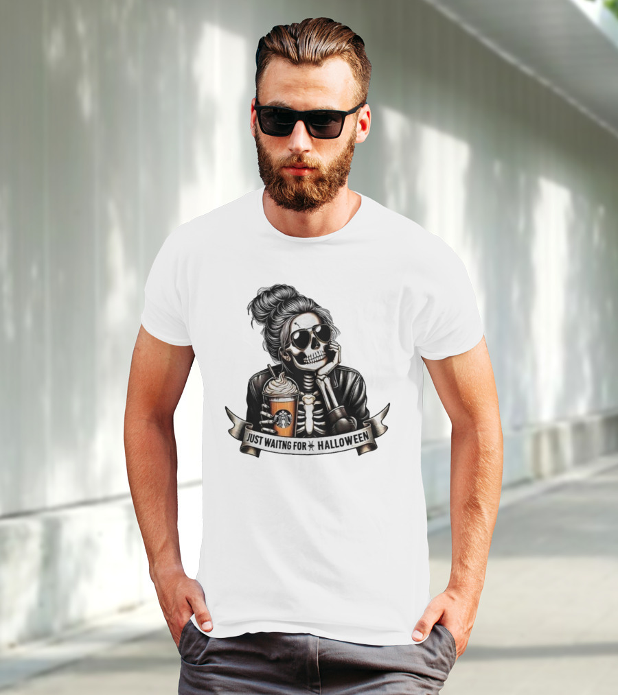Just Waiting For Halloween Skeleton With Coffee Cup Spooky Season T-Shirt