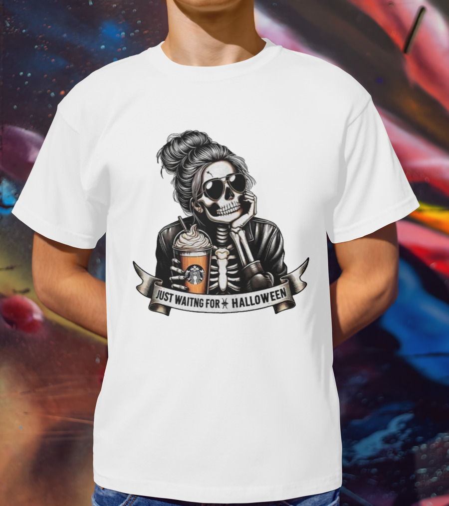 Just Waiting For Halloween Skeleton With Coffee Cup Spooky Season T-Shirt