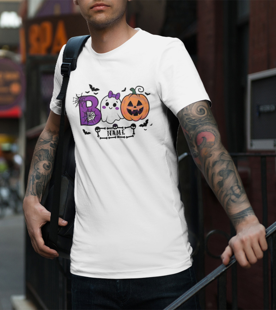 Boo Name Ghost Pumpkin Halloween Spiders Bats T-Shirt