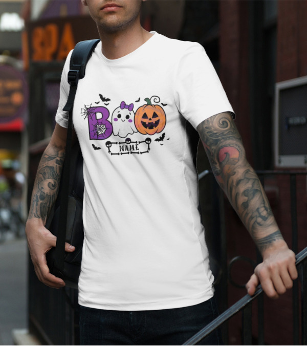 Boo Name Ghost Pumpkin Halloween Spiders Bats T-Shirt