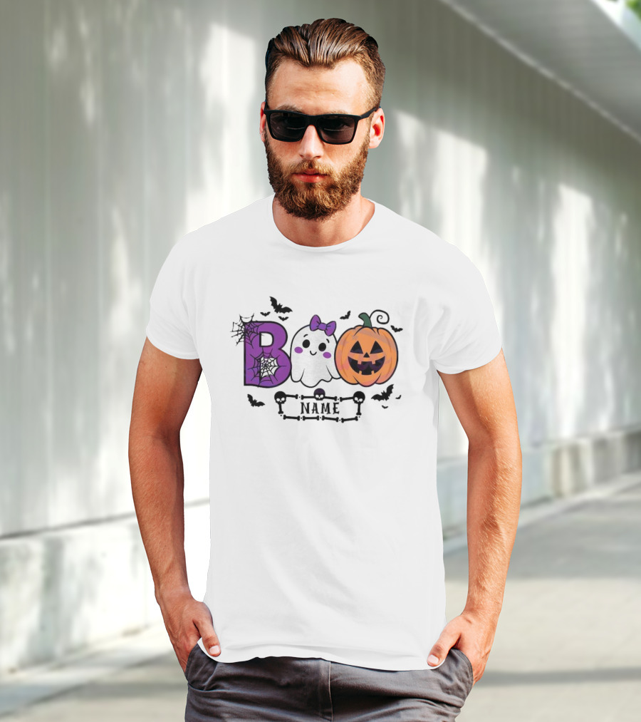 Boo Name Ghost Pumpkin Halloween Spiders Bats T-Shirt